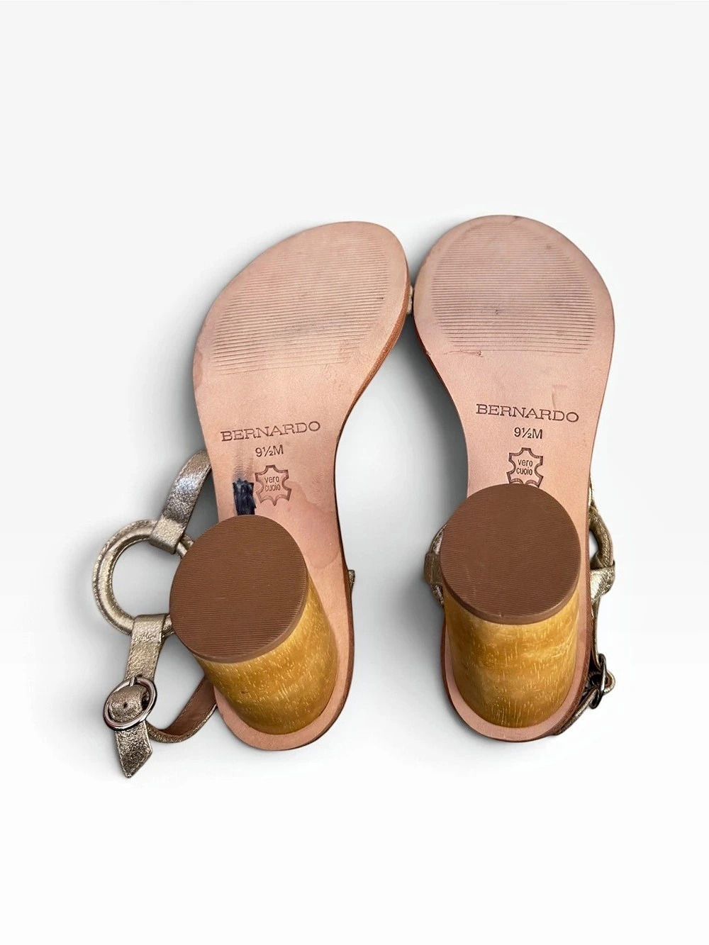 Bernardo Anthropologie Harlow Heeled Sandal Wood Block Gold Leather 9.5 Formal - Picture 7 of 11
